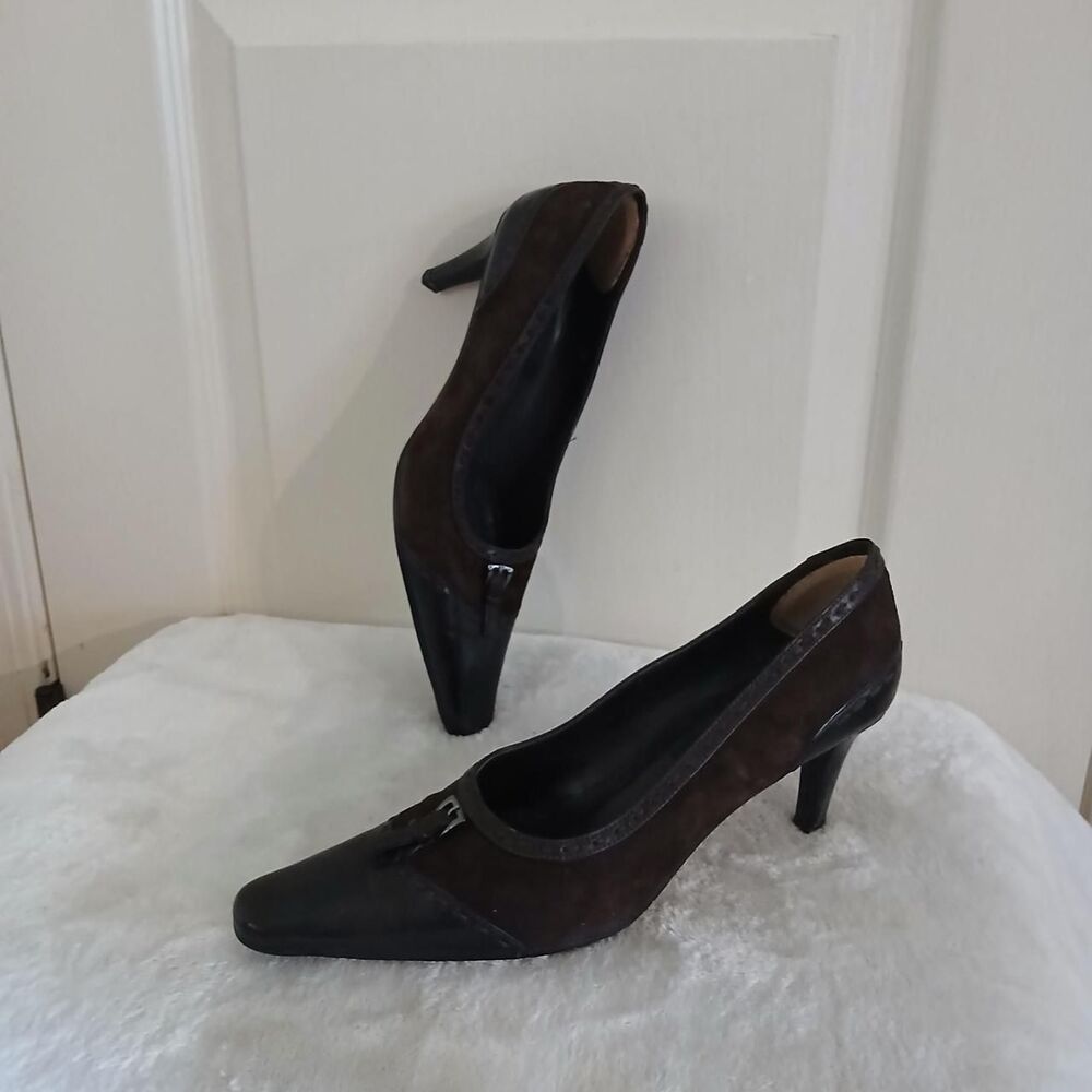 Y2K Vintage VANELi Brown Suede & Leather Buckle Kitten Heels 7 Mcbling Academia